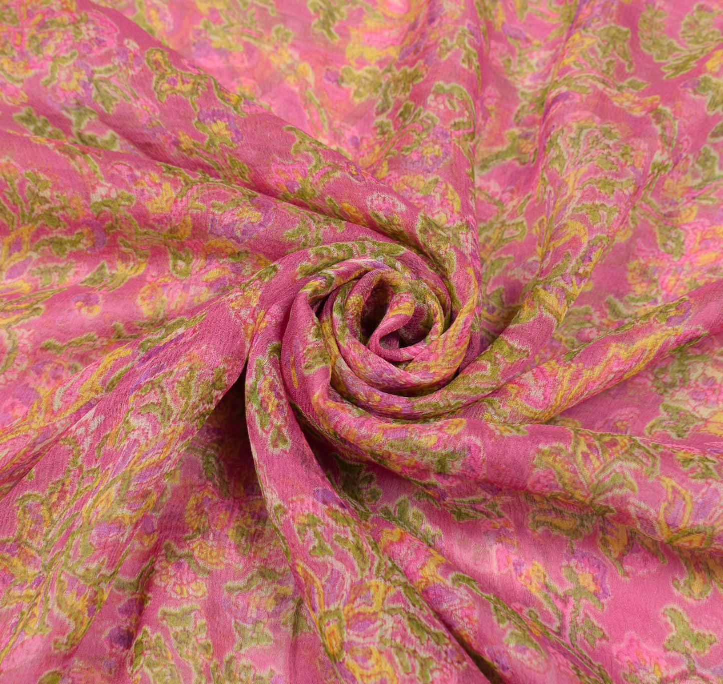Sushila Vintage Floral Pink Saree Pure Chiffon Silk Printed Soft Craft Fabric