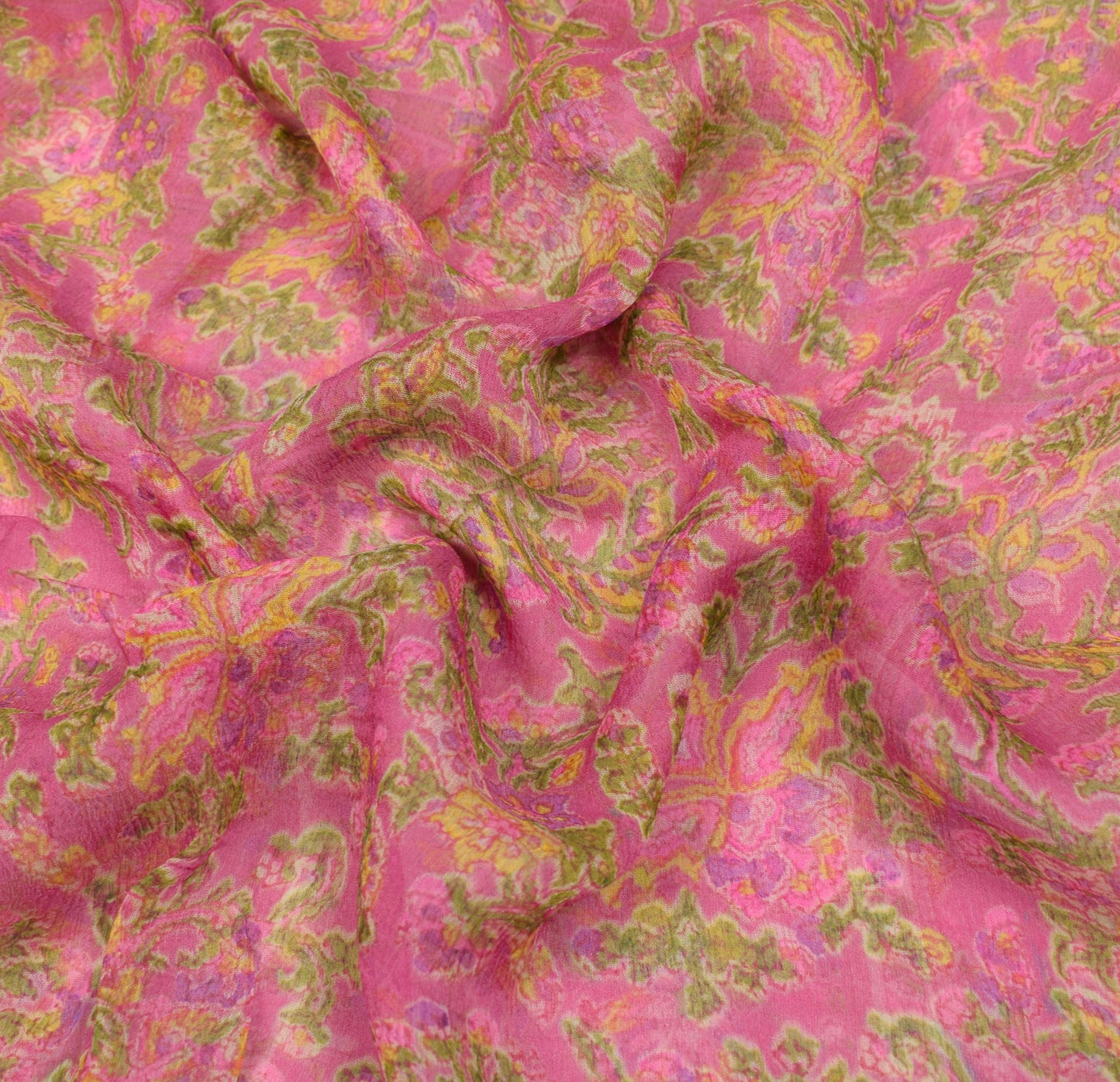 Sushila Vintage Floral Pink Saree Pure Chiffon Silk Printed Soft Craft Fabric