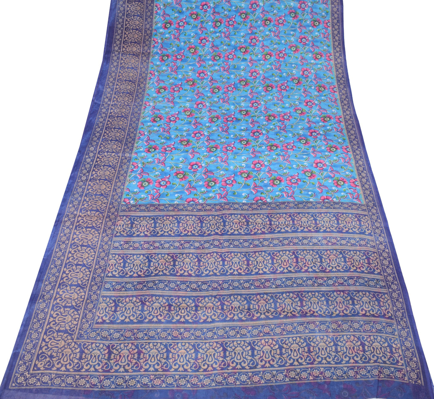 Sushila Vintage Floral Aqua Blue Saree 100% Pure Cotton Printed Craft Fabric