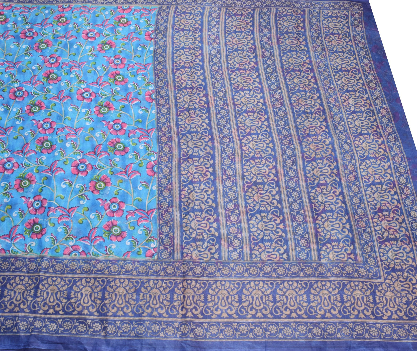 Sushila Vintage Floral Aqua Blue Saree 100% Pure Cotton Printed Craft Fabric