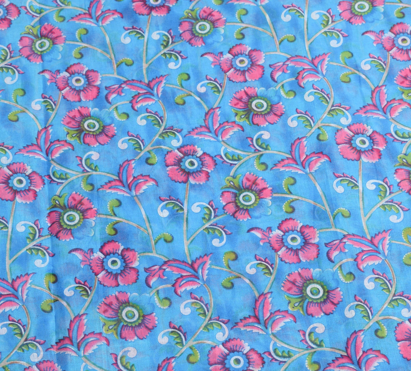 Sushila Vintage Floral Aqua Blue Saree 100% Pure Cotton Printed Craft Fabric