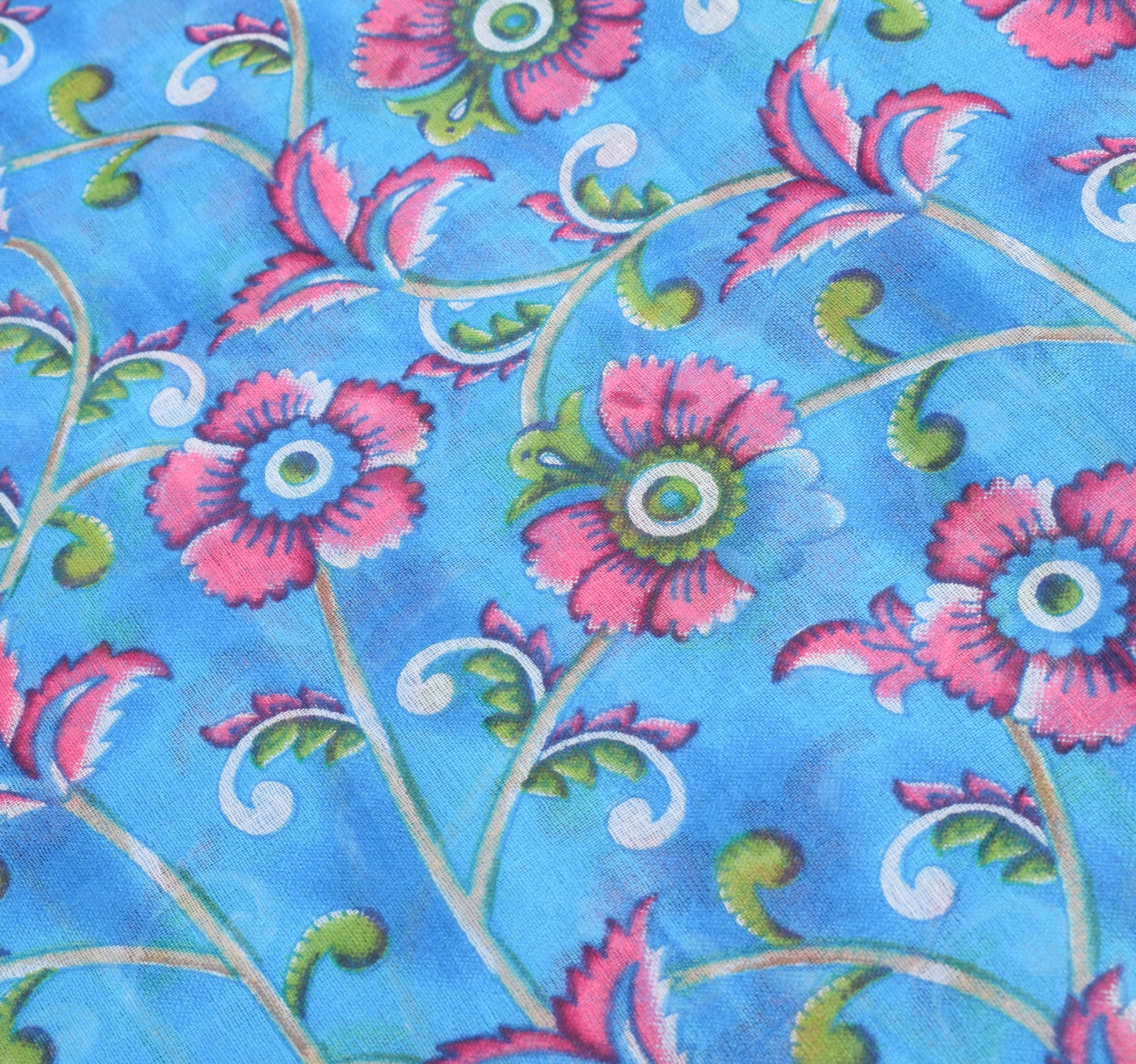 Sushila Vintage Floral Aqua Blue Saree 100% Pure Cotton Printed Craft Fabric