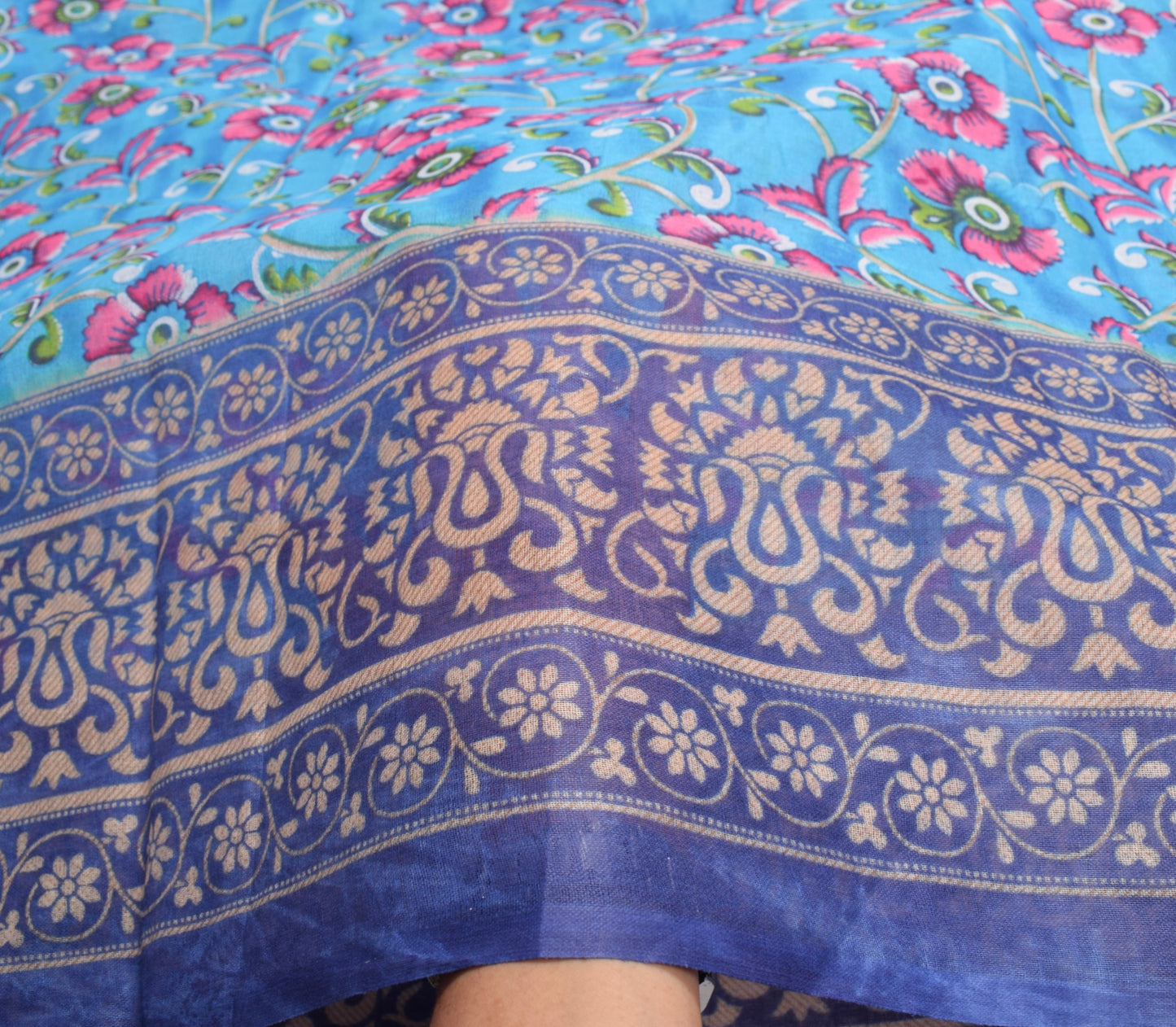 Sushila Vintage Floral Aqua Blue Saree 100% Pure Cotton Printed Craft Fabric