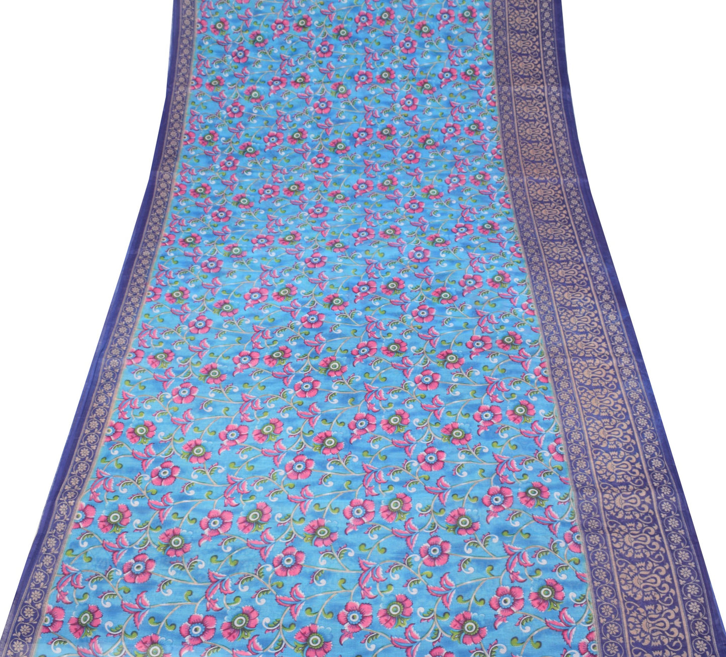 Sushila Vintage Floral Aqua Blue Saree 100% Pure Cotton Printed Craft Fabric