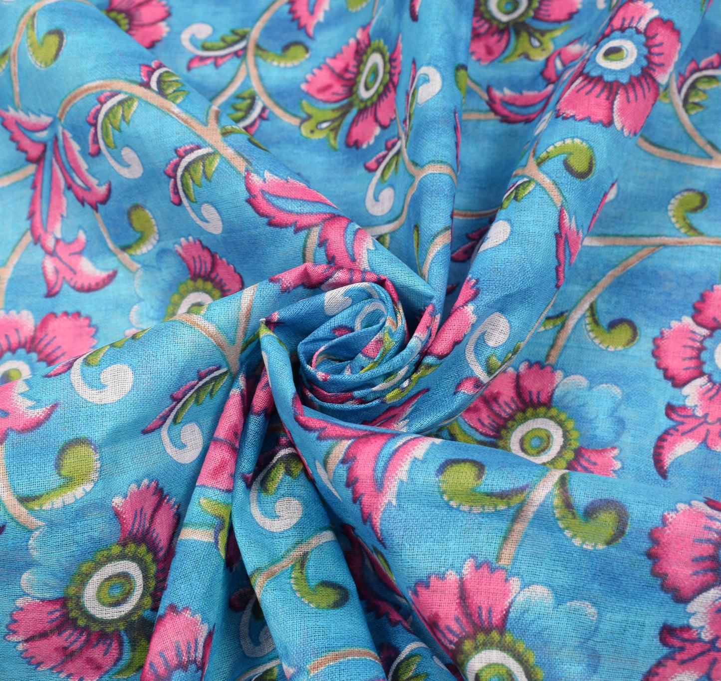 Sushila Vintage Floral Aqua Blue Saree 100% Pure Cotton Printed Craft Fabric