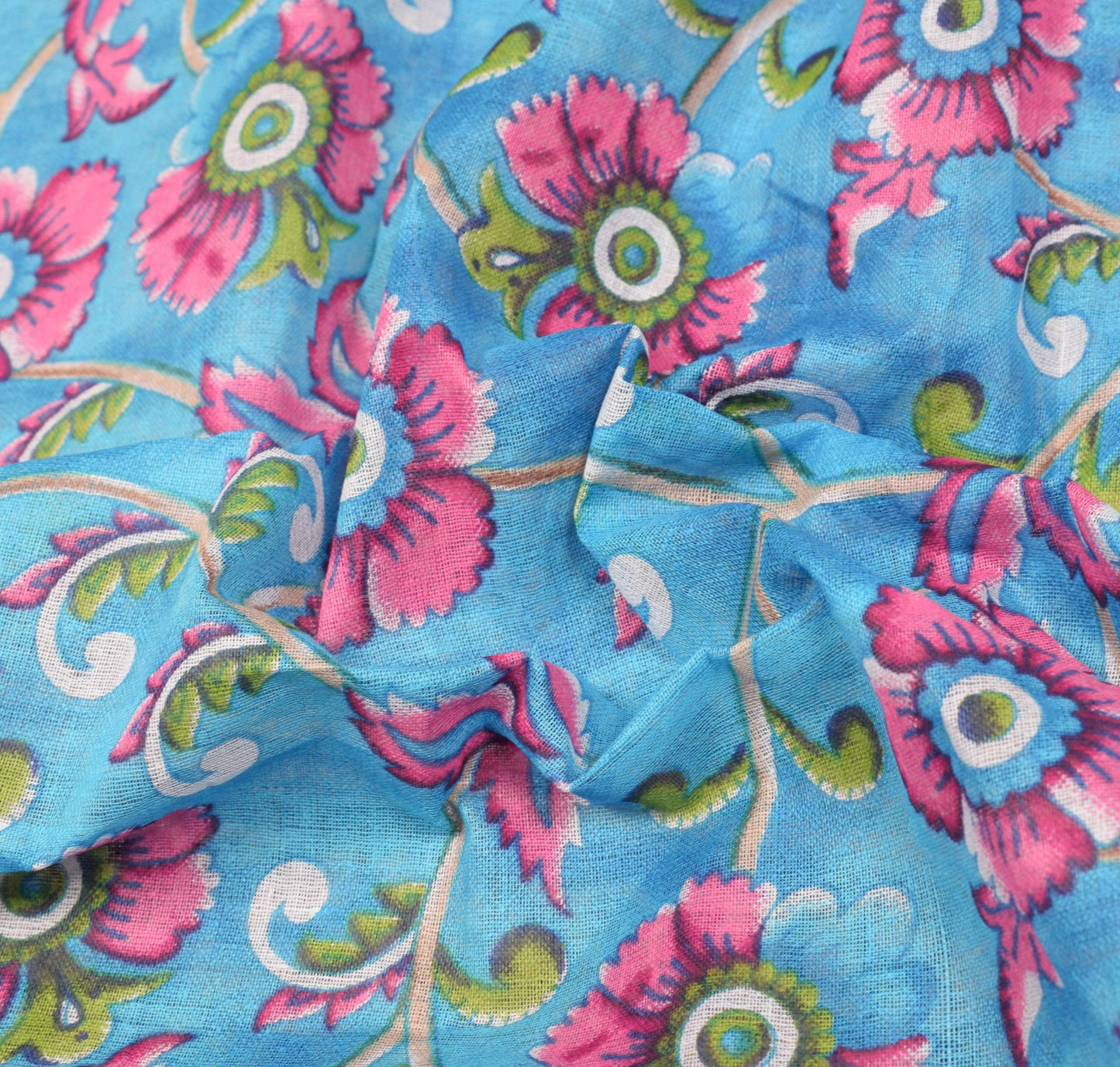 Sushila Vintage Floral Aqua Blue Saree 100% Pure Cotton Printed Craft Fabric