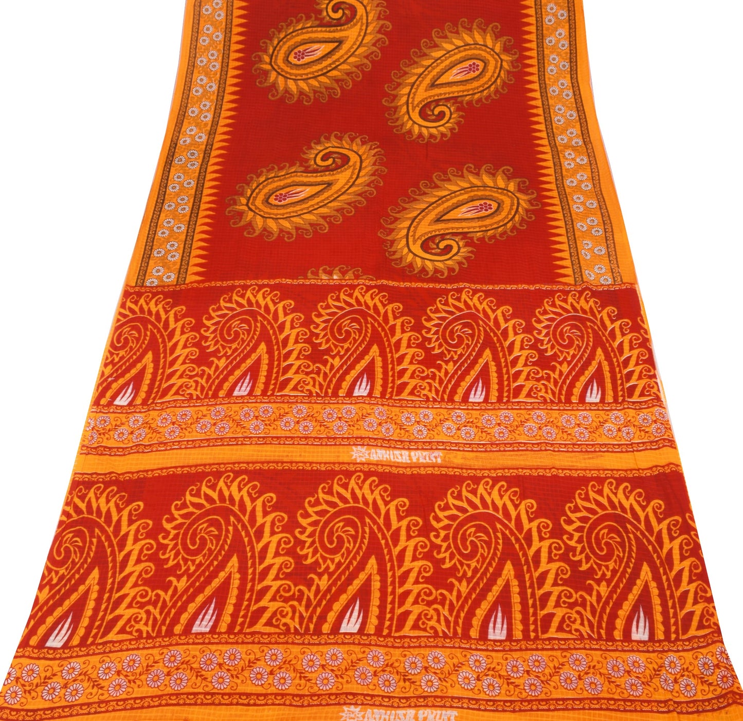 Sushila Vintage Red Orange Saree Pure Cotton Printed Paisley Soft Craft Fabric