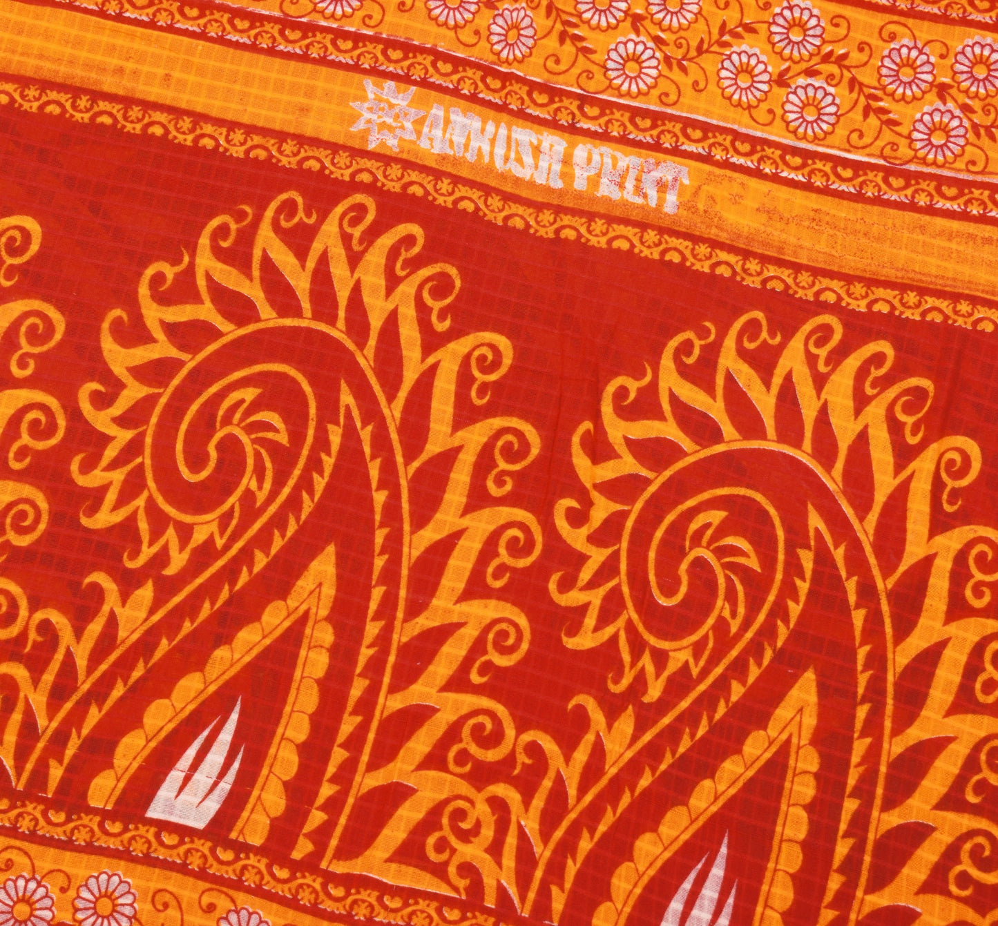 Sushila Vintage Red Orange Saree Pure Cotton Printed Paisley Soft Craft Fabric