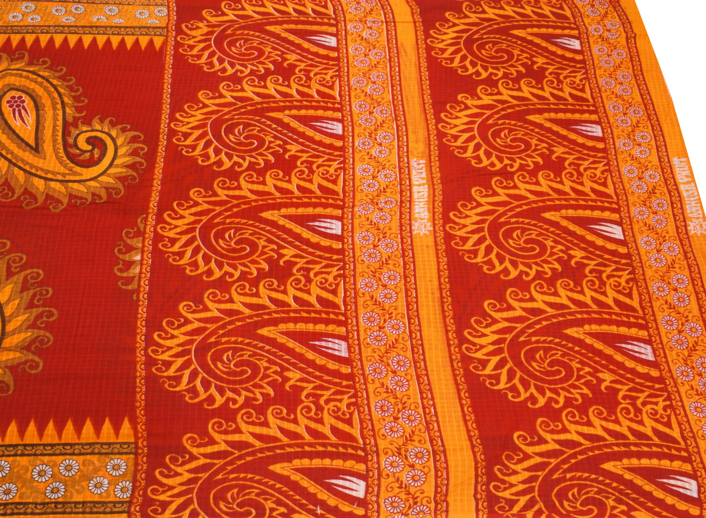 Sushila Vintage Red Orange Saree Pure Cotton Printed Paisley Soft Craft Fabric