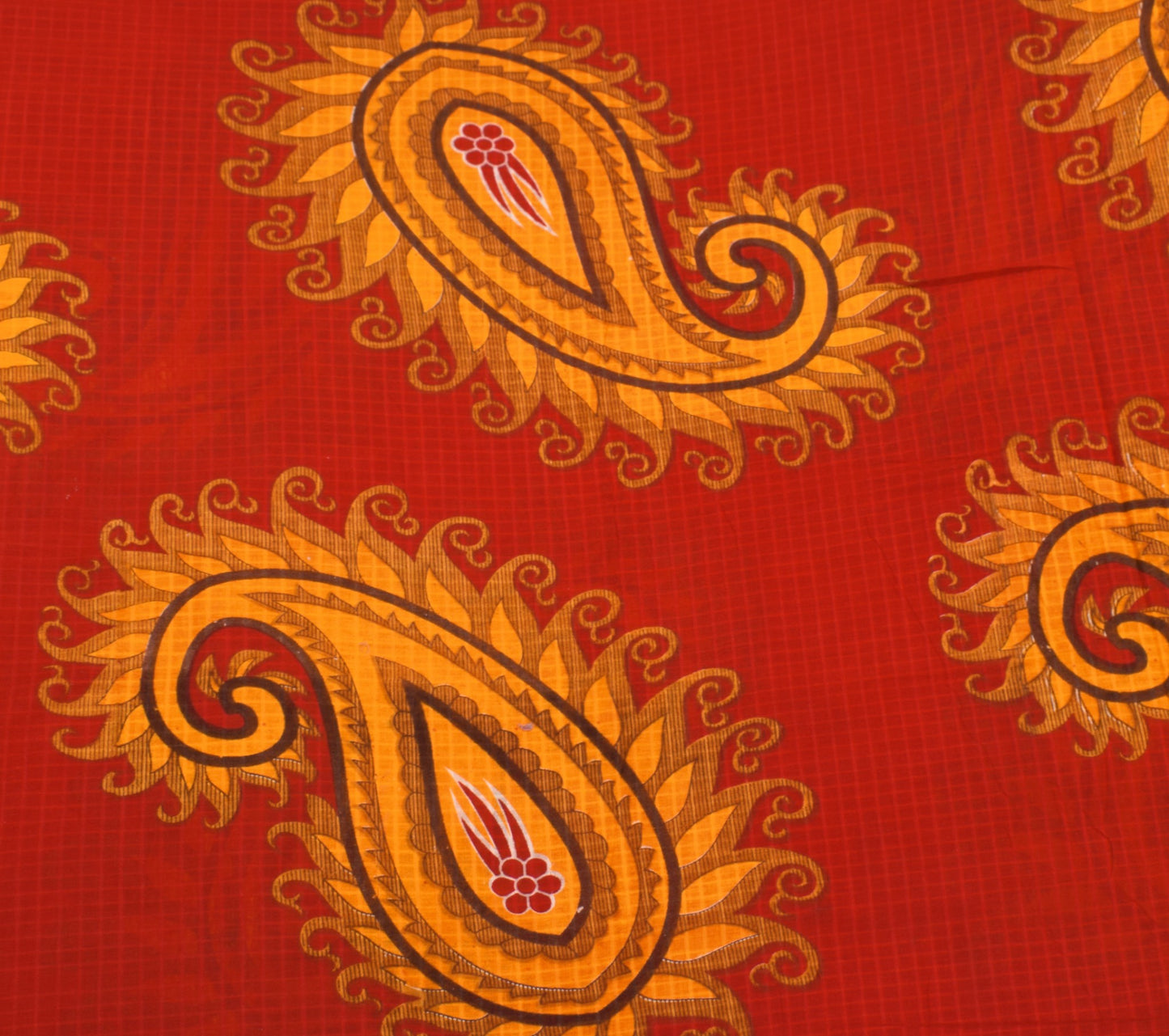 Sushila Vintage Red Orange Saree Pure Cotton Printed Paisley Soft Craft Fabric