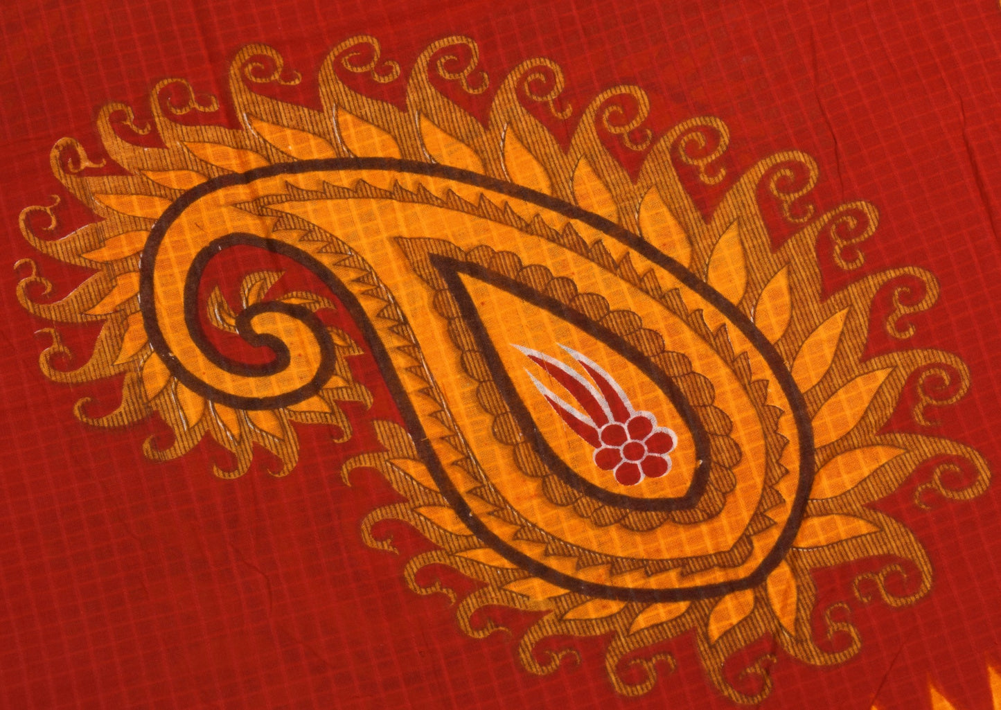 Sushila Vintage Red Orange Saree Pure Cotton Printed Paisley Soft Craft Fabric