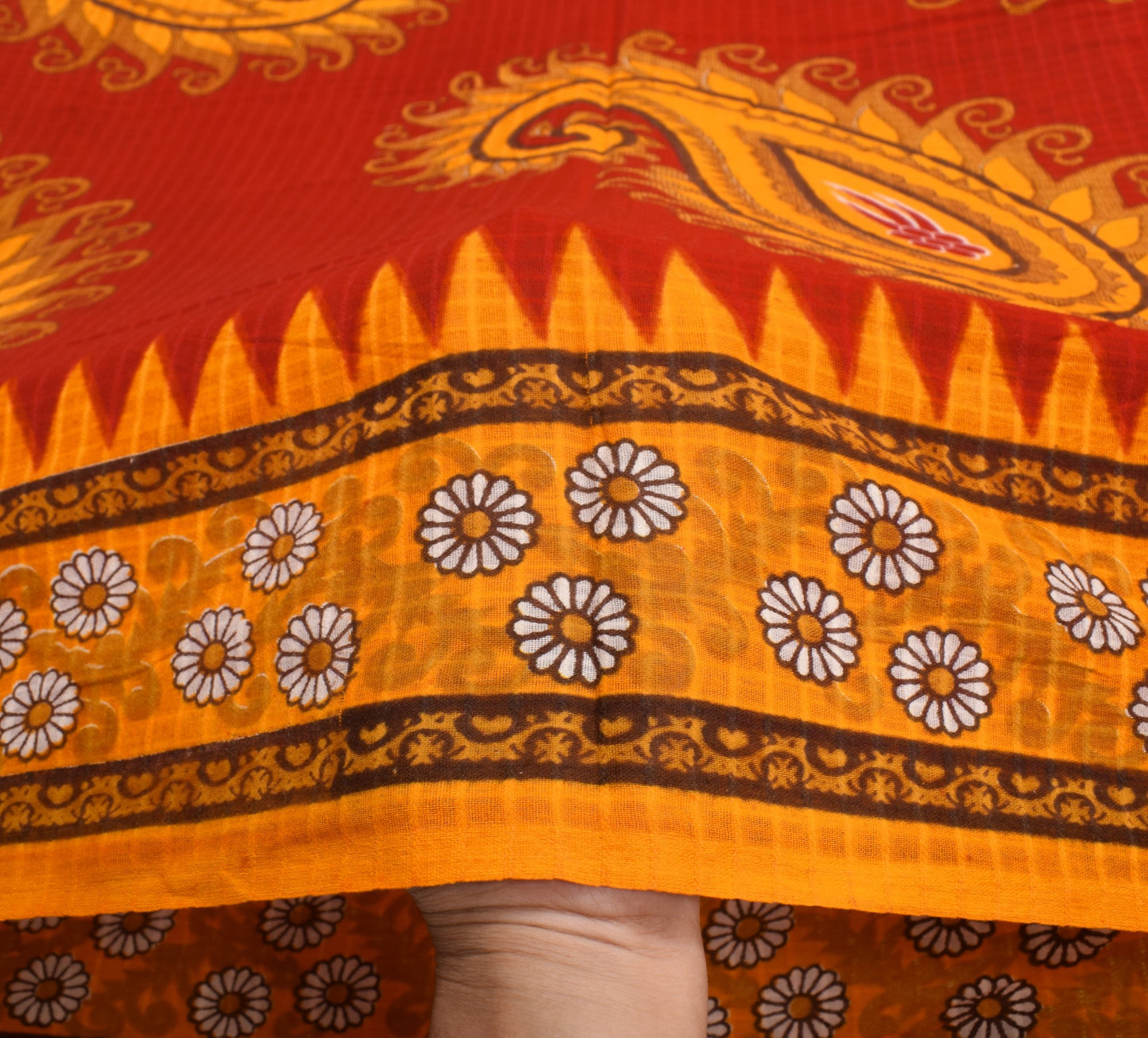 Sushila Vintage Red Orange Saree Pure Cotton Printed Paisley Soft Craft Fabric