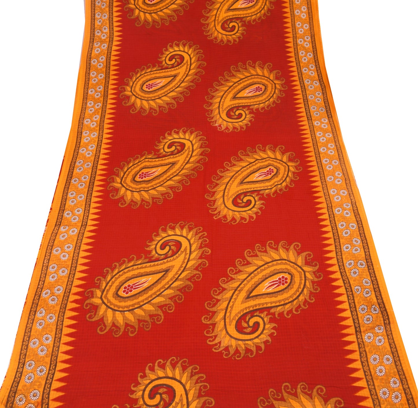 Sushila Vintage Red Orange Saree Pure Cotton Printed Paisley Soft Craft Fabric