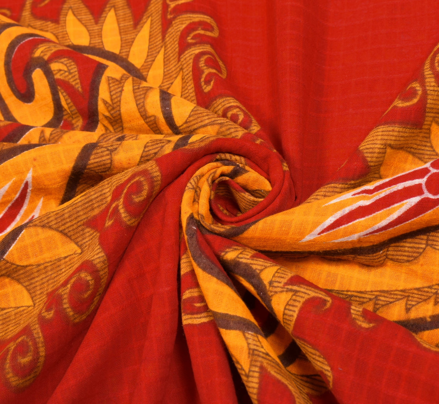 Sushila Vintage Red Orange Saree Pure Cotton Printed Paisley Soft Craft Fabric
