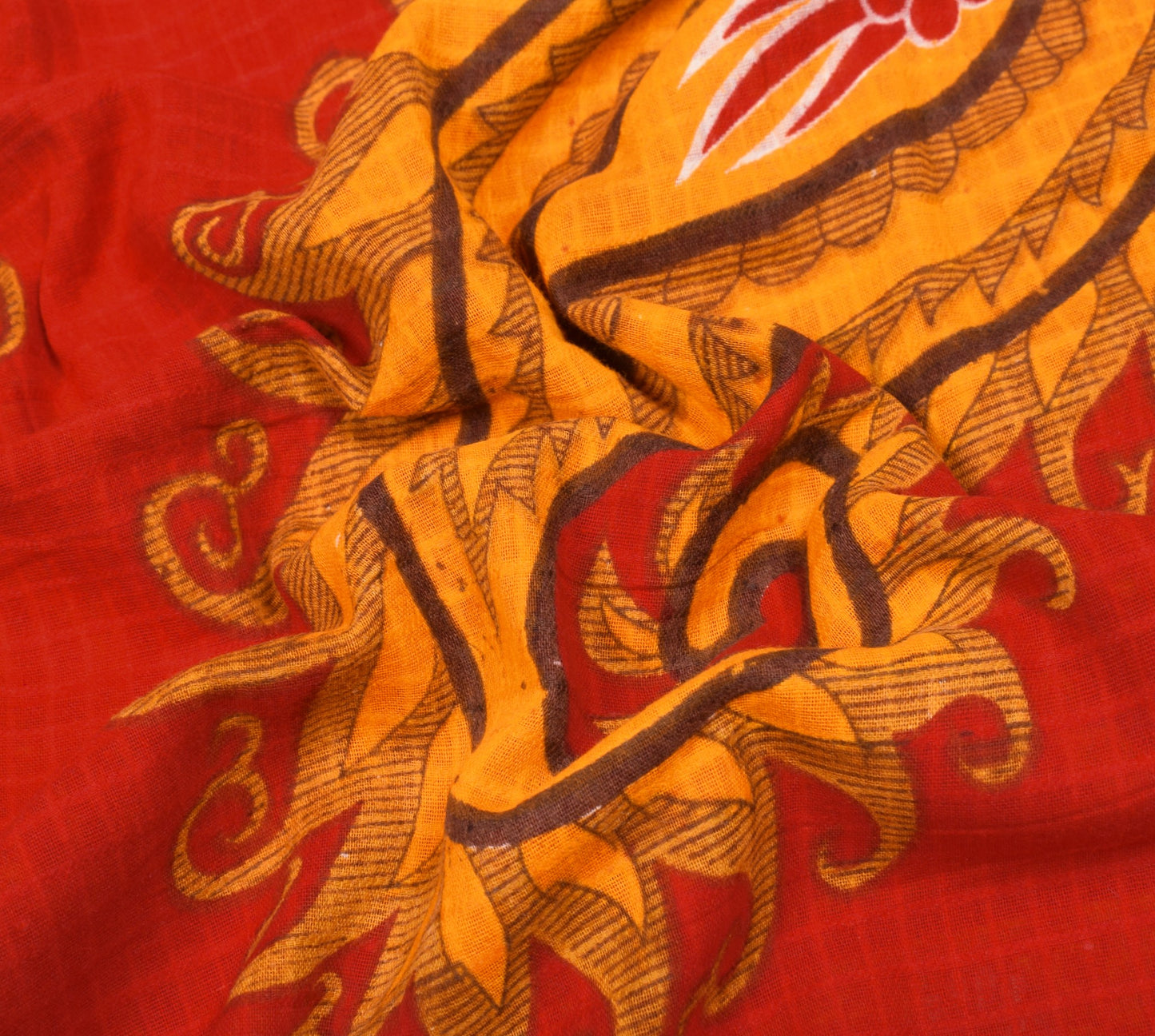 Sushila Vintage Red Orange Saree Pure Cotton Printed Paisley Soft Craft Fabric