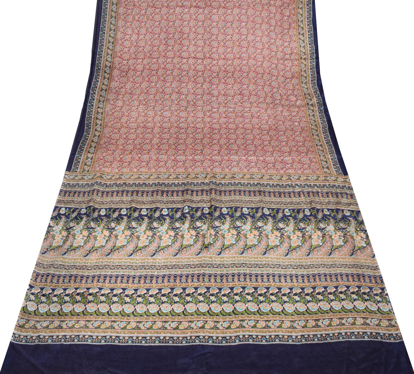 Sushila Vintage Magenta Blue Floral Saree Pure Silk Printed Soft Craft Fabric