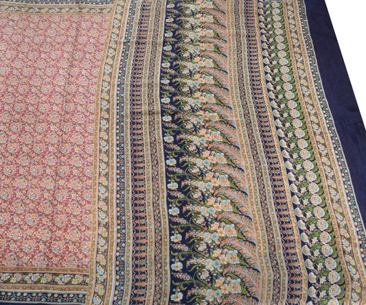 Sushila Vintage Magenta Blue Floral Saree Pure Silk Printed Soft Craft Fabric