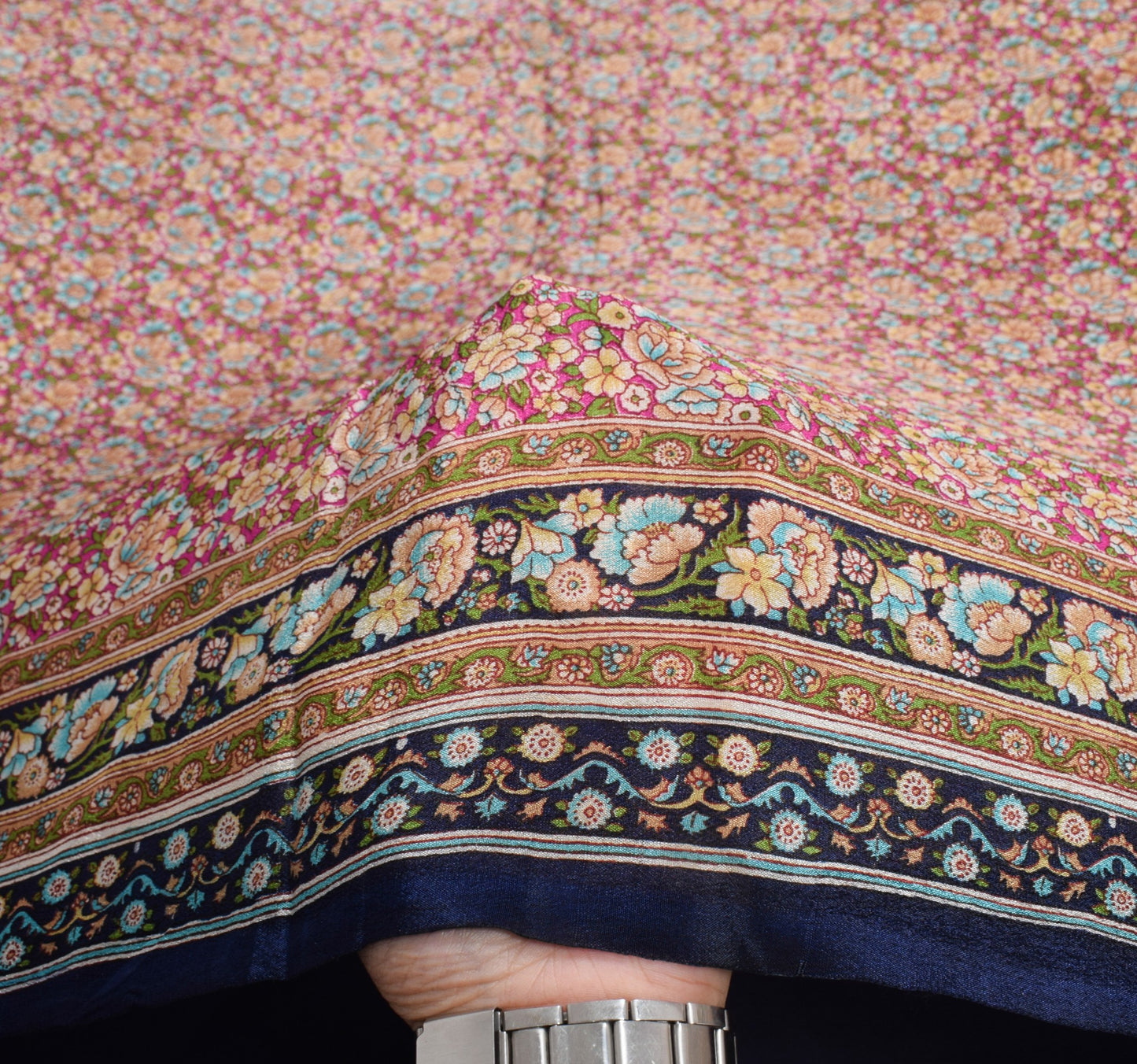 Sushila Vintage Magenta Blue Floral Saree Pure Silk Printed Soft Craft Fabric