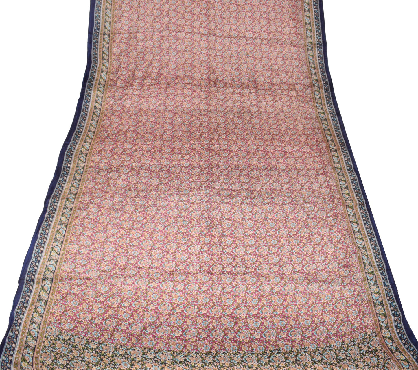 Sushila Vintage Magenta Blue Floral Saree Pure Silk Printed Soft Craft Fabric