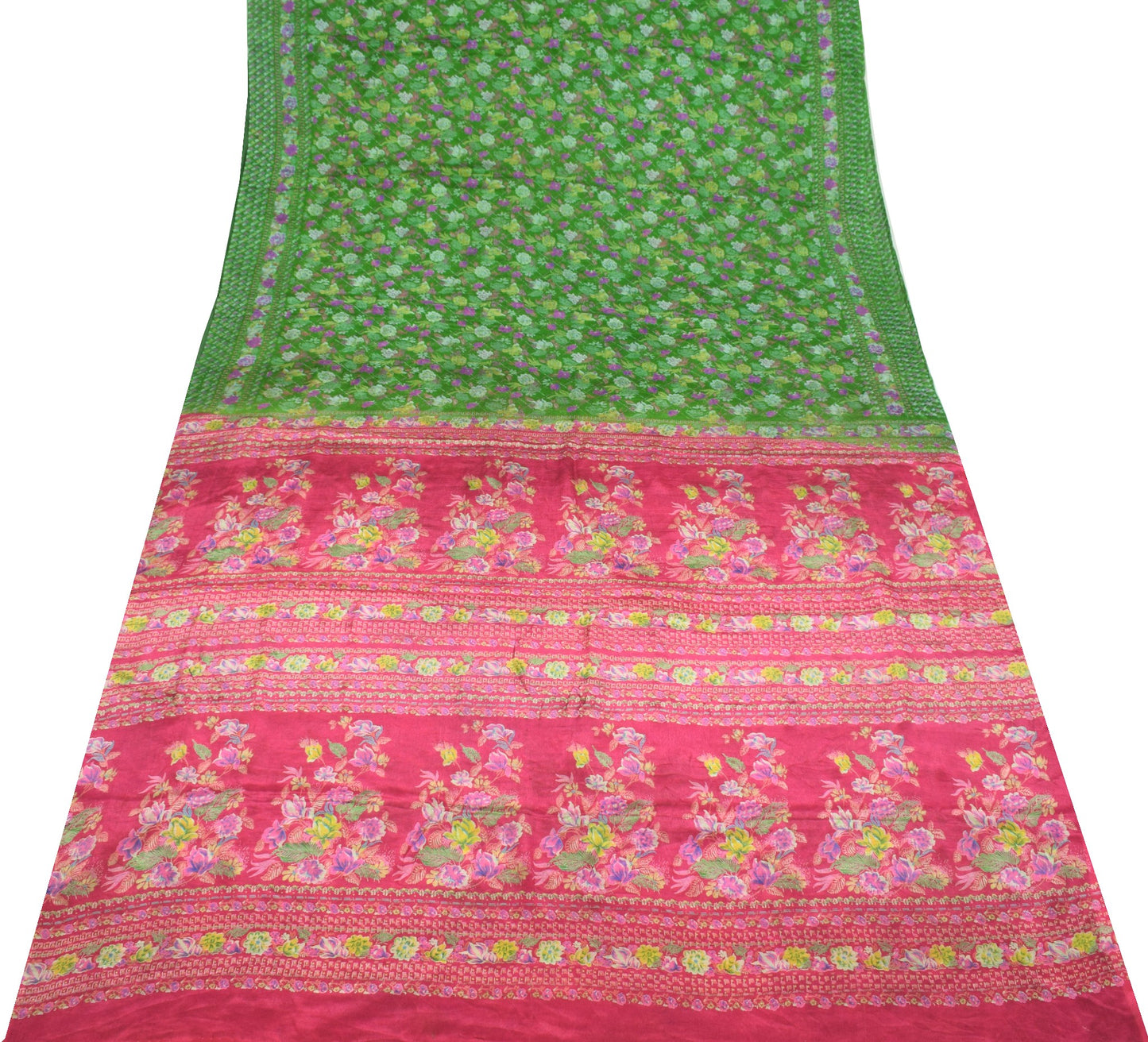 Sushila Vintage Green Magenta Saree Pure Silk Printed Floral Soft Craft Fabric