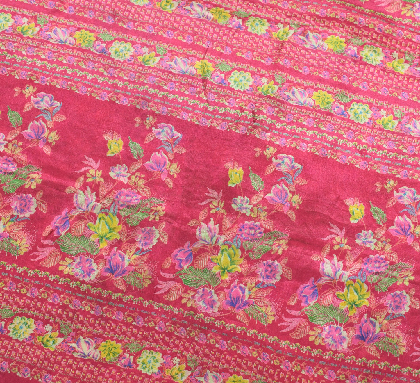 Sushila Vintage Green Magenta Saree Pure Silk Printed Floral Soft Craft Fabric