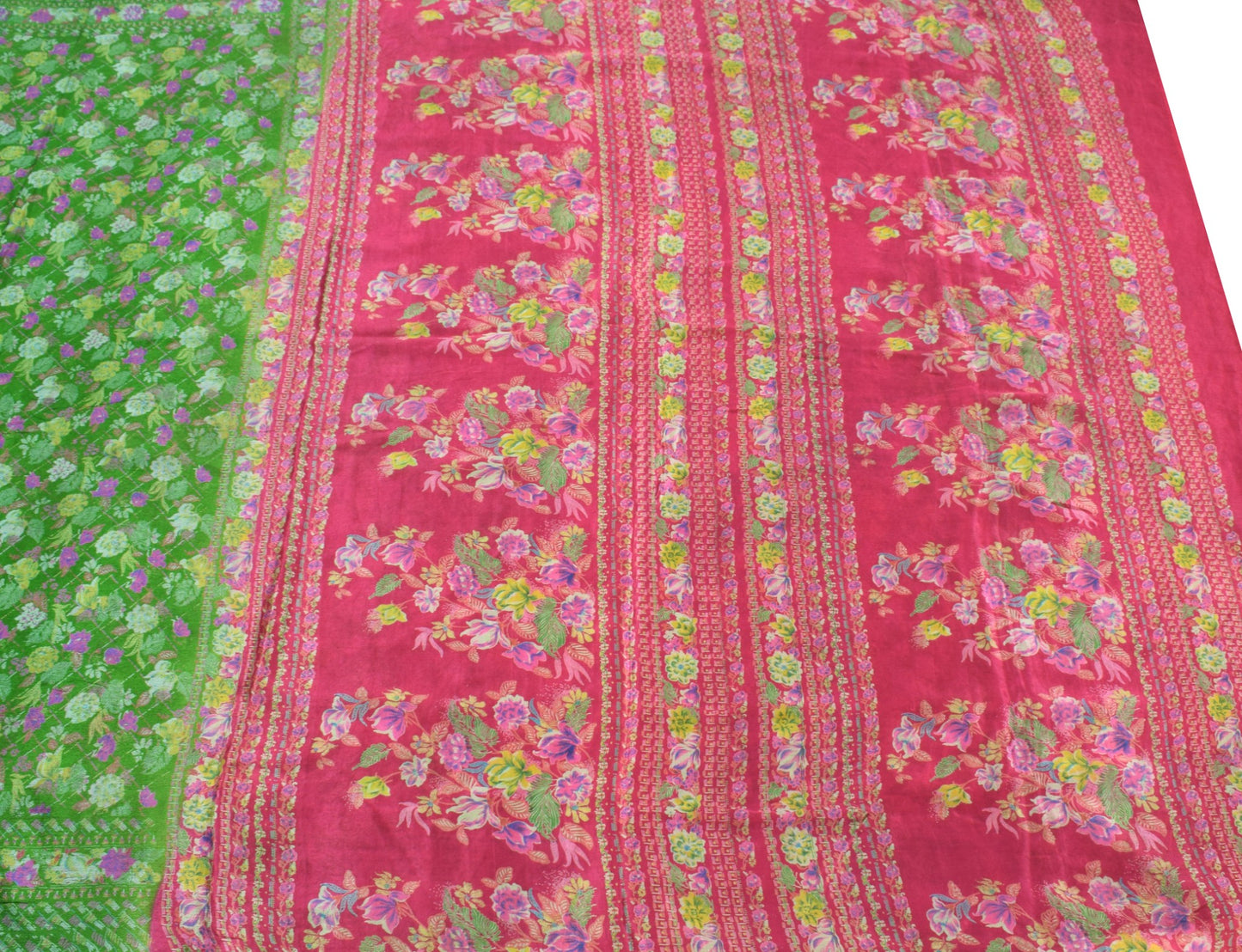 Sushila Vintage Green Magenta Saree Pure Silk Printed Floral Soft Craft Fabric