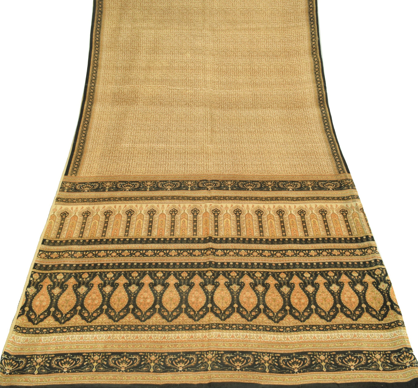 Sushila Vintage Cream 6Yds Saree 100% Pure Silk Printed Floral Soft Craft Fabric