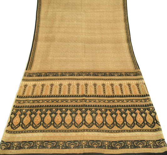 Sushila Vintage Cream 6Yds Saree 100% Pure Silk Printed Floral Soft Craft Fabric