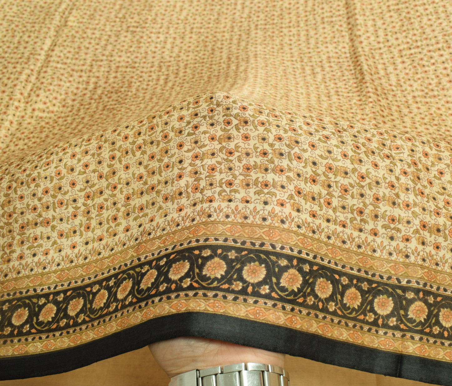 Sushila Vintage Cream 6Yds Saree 100% Pure Silk Printed Floral Soft Craft Fabric