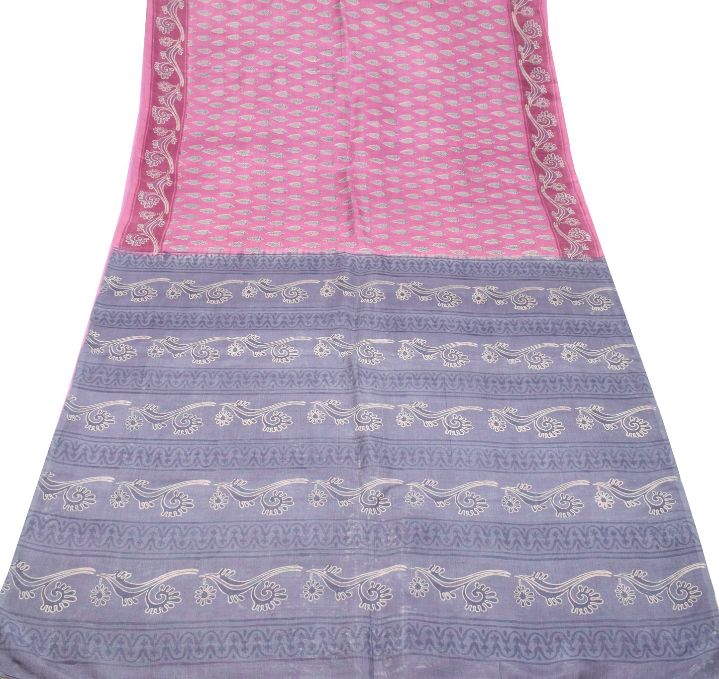 Sushila Vintage Pink Gray Saree 100% Pure Silk Leaves Printed Soft Craft Fabric