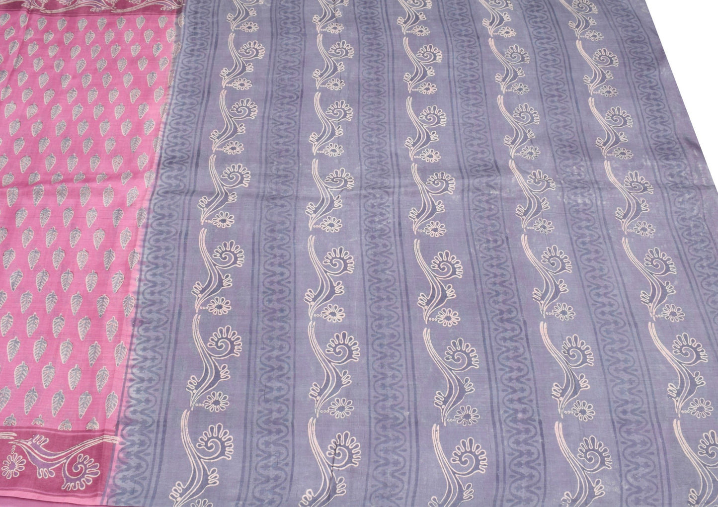 Sushila Vintage Pink Gray Saree 100% Pure Silk Leaves Printed Soft Craft Fabric