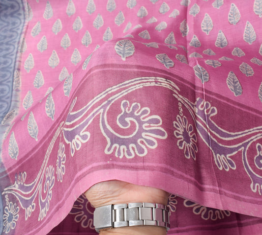 Sushila Vintage Pink Gray Saree 100% Pure Silk Leaves Printed Soft Craft Fabric