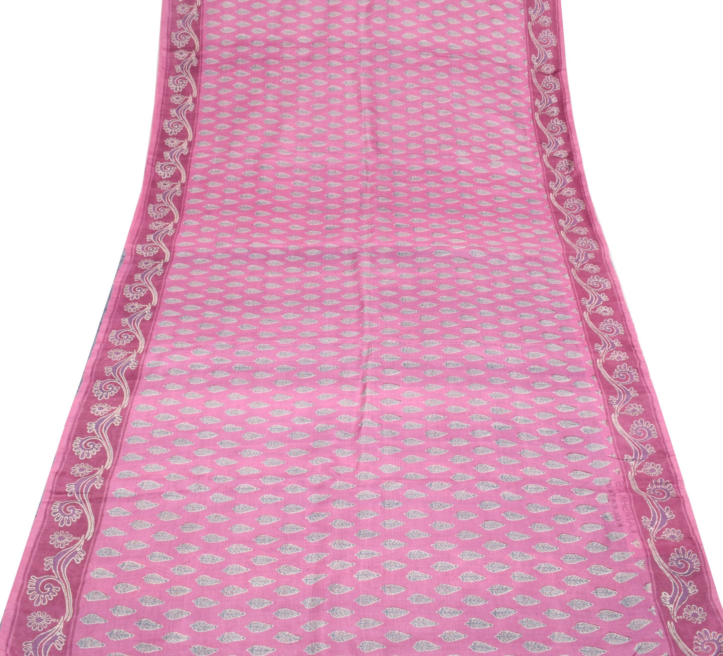 Sushila Vintage Pink Gray Saree 100% Pure Silk Leaves Printed Soft Craft Fabric