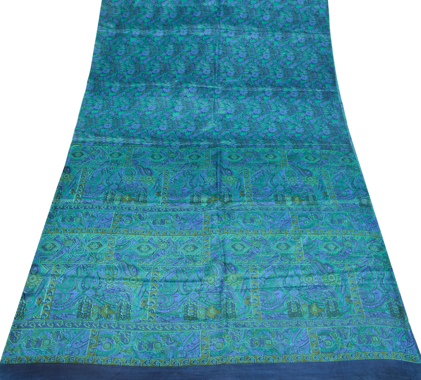 Sushila Vintage Dark Blue Saree 100% Pure Silk Printed Floral Soft Craft Fabric
