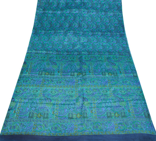 Sushila Vintage Dark Blue Saree 100% Pure Silk Printed Floral Soft Craft Fabric