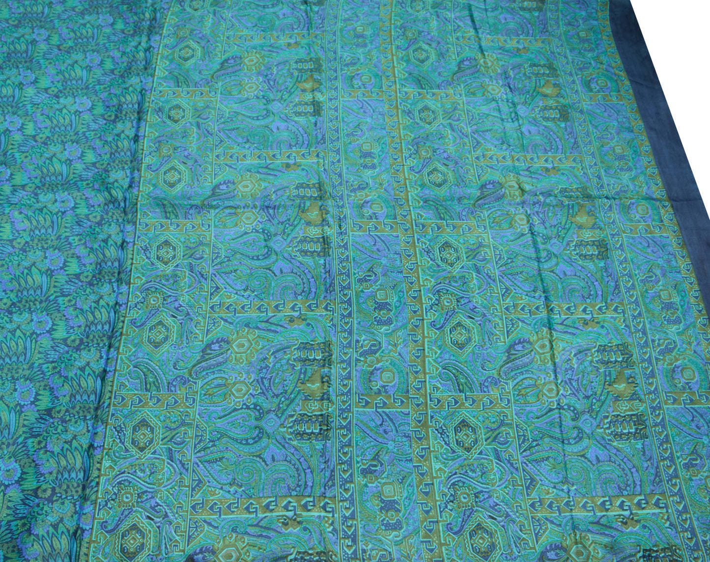 Sushila Vintage Dark Blue Saree 100% Pure Silk Printed Floral Soft Craft Fabric