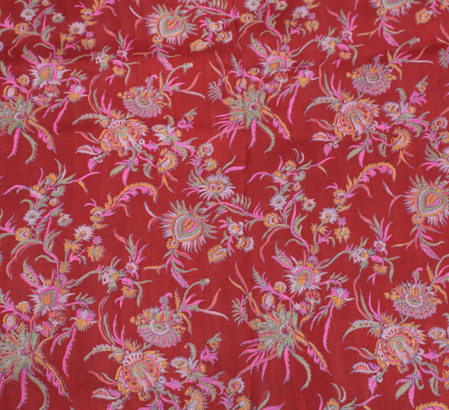 Sushila Vintage Maroon Saree 100%Pure Silk Printed Soft Sari Craft Floral Fabric