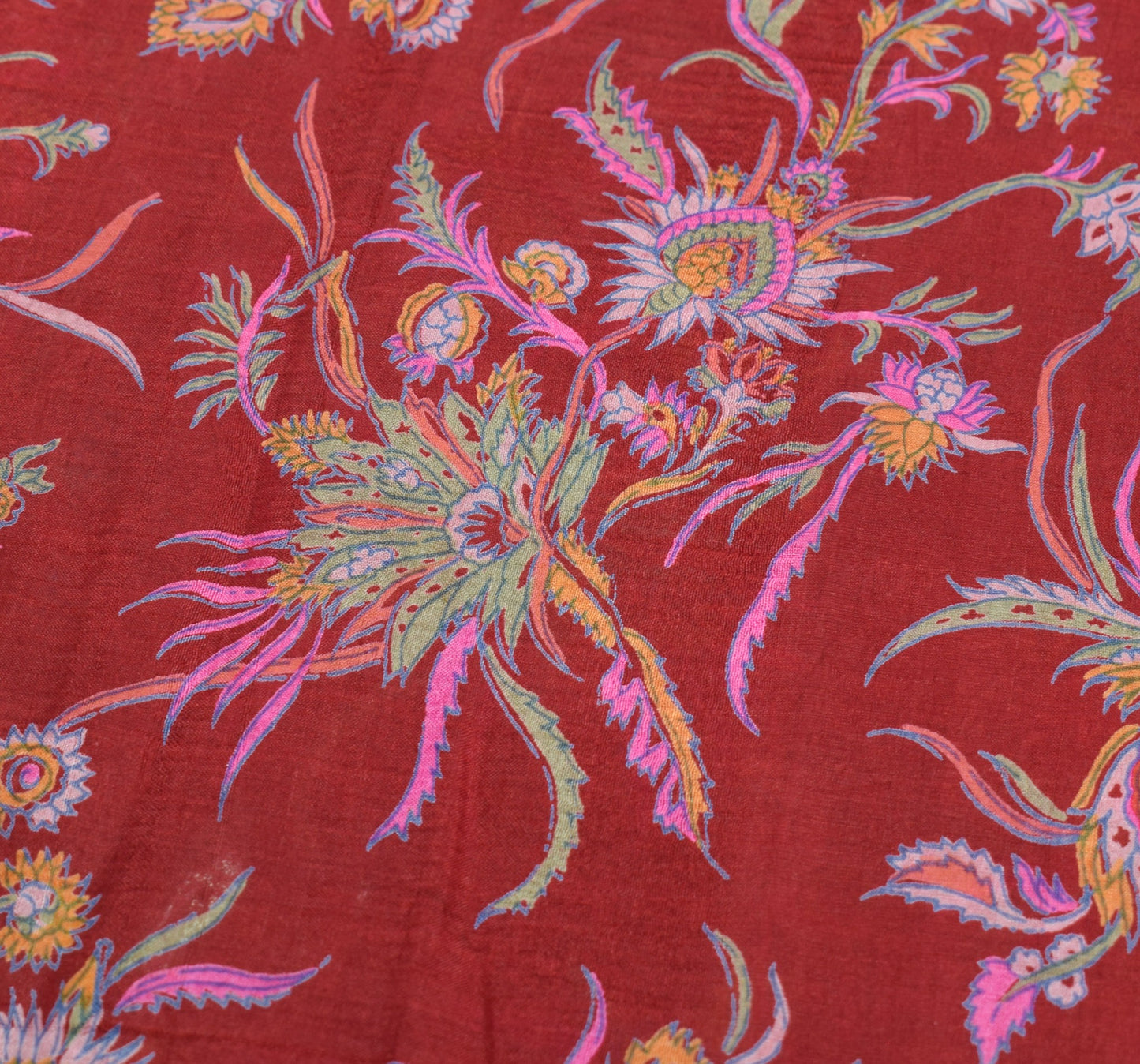 Sushila Vintage Maroon Saree 100%Pure Silk Printed Soft Sari Craft Floral Fabric