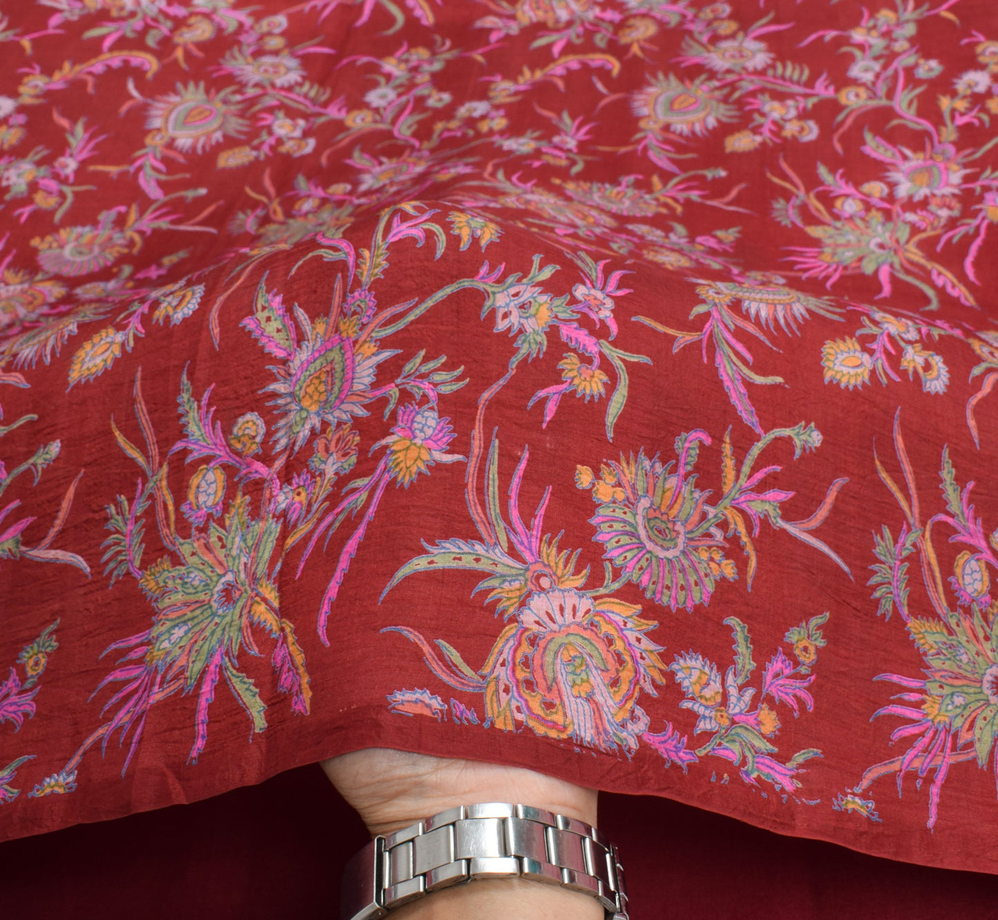 Sushila Vintage Maroon Saree 100%Pure Silk Printed Soft Sari Craft Floral Fabric