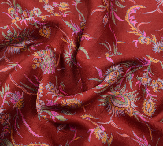 Sushila Vintage Maroon Saree 100%Pure Silk Printed Soft Sari Craft Floral Fabric