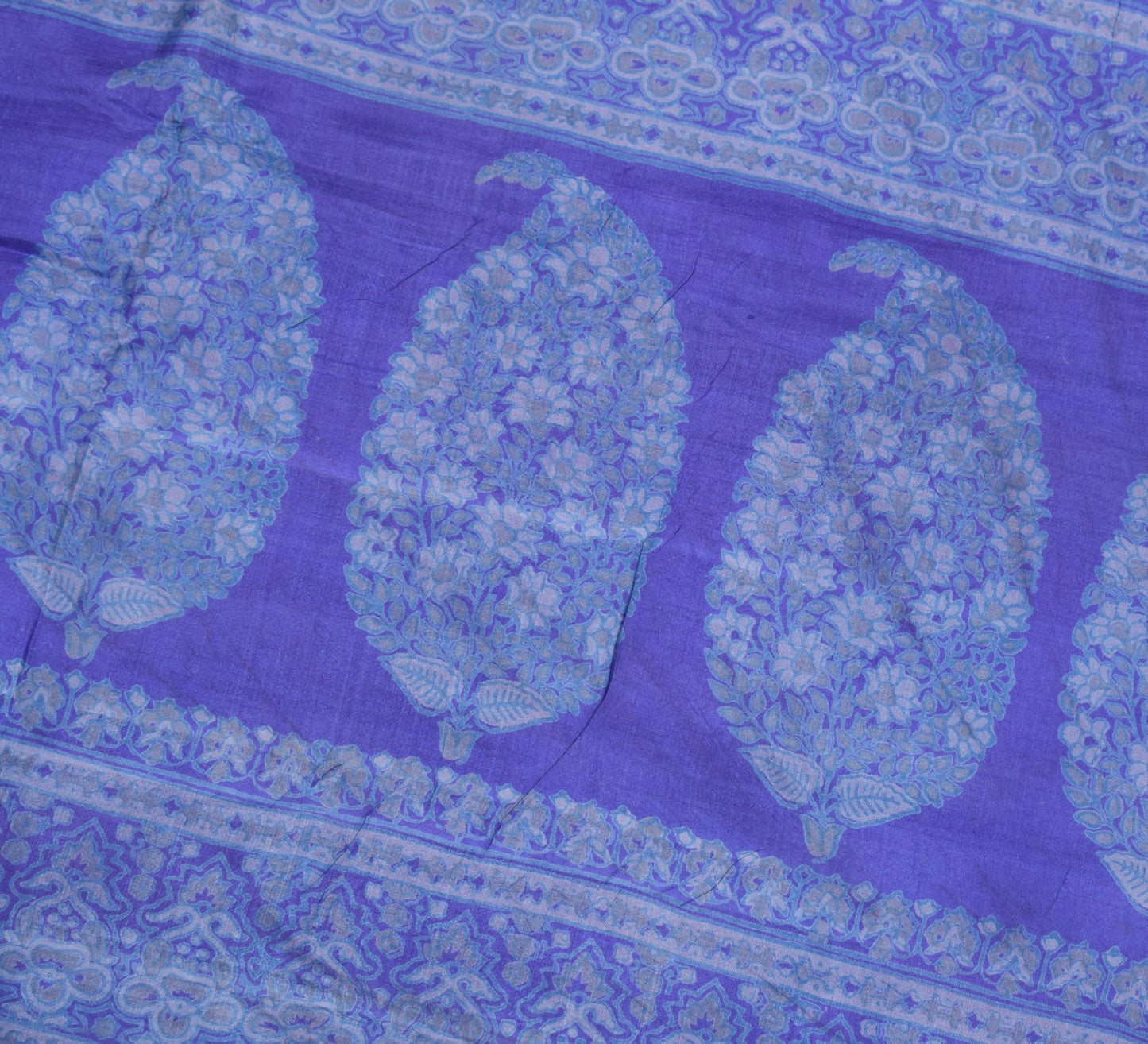 Sushila Vintage Floral Blue Saree 100% Pure Silk Printed 5YD Soft Craft Fabric