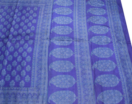 Sushila Vintage Floral Blue Saree 100% Pure Silk Printed 5YD Soft Craft Fabric