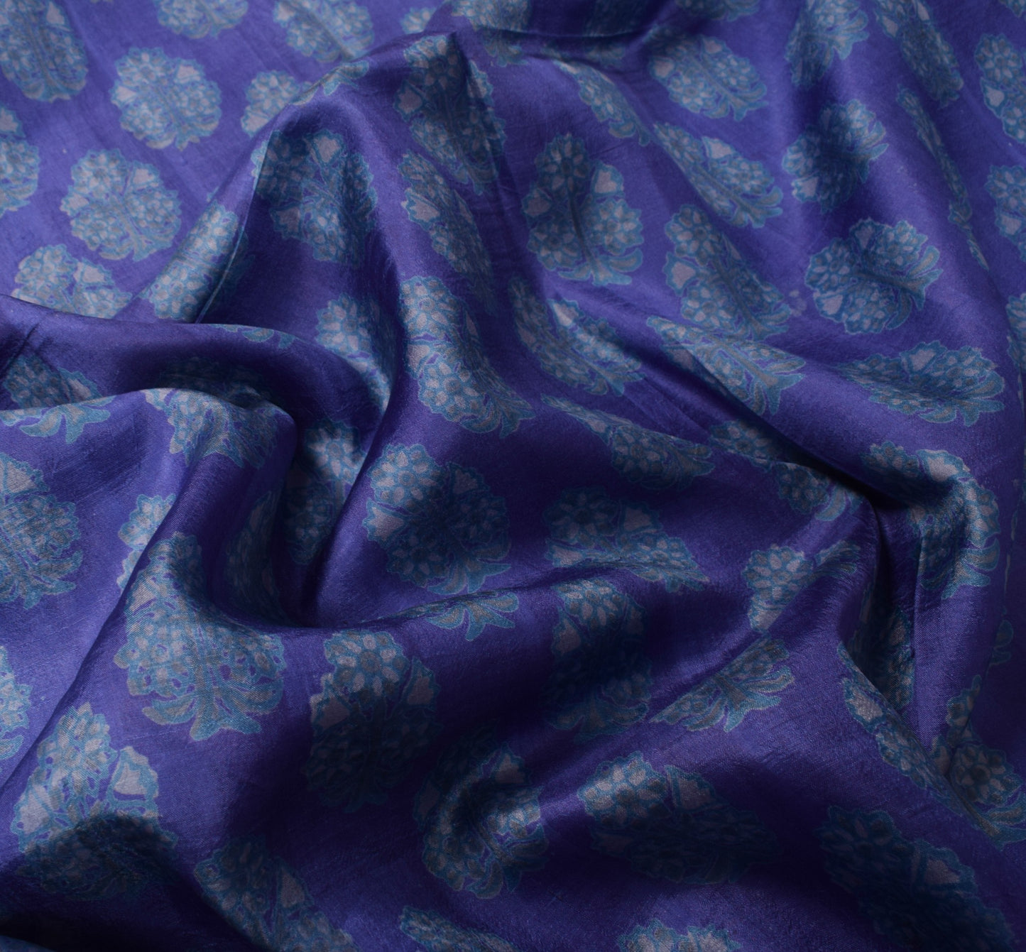 Sushila Vintage Floral Blue Saree 100% Pure Silk Printed 5YD Soft Craft Fabric