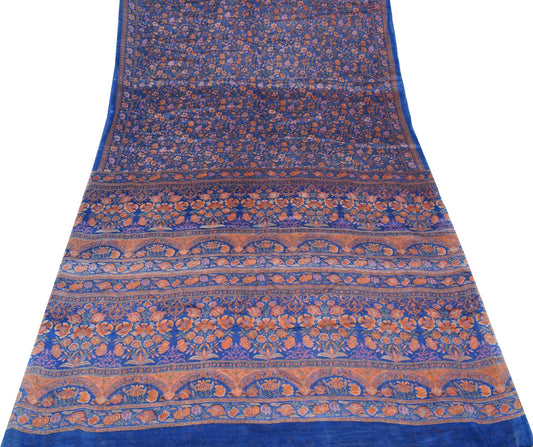 Sushila Vintage Floral Blue Saree 100% Pure Silk Printed 6Yard Soft Craft Fabric