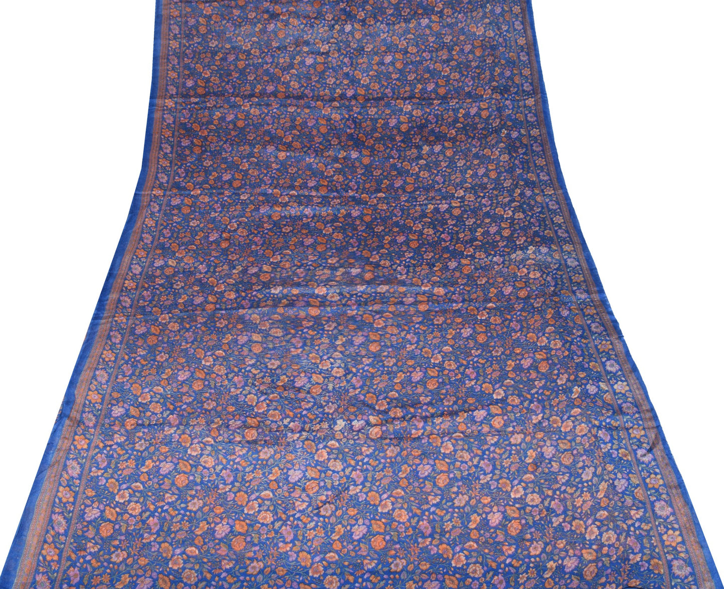 Sushila Vintage Floral Blue Saree 100% Pure Silk Printed 6Yard Soft Craft Fabric
