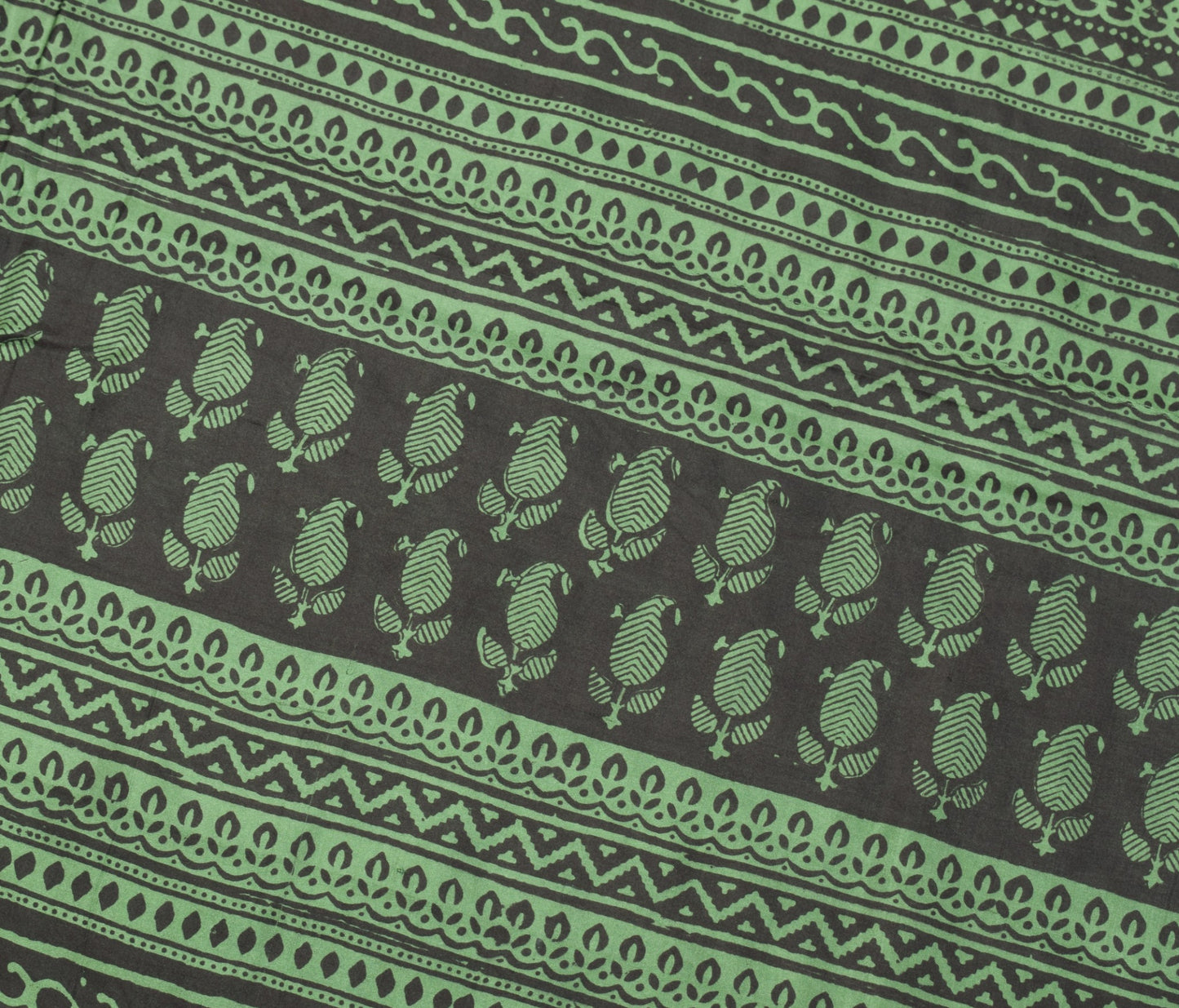 Sushila Vintage Hand Block Print Saree Pure Silk Green Paisley Soft Craft Fabric