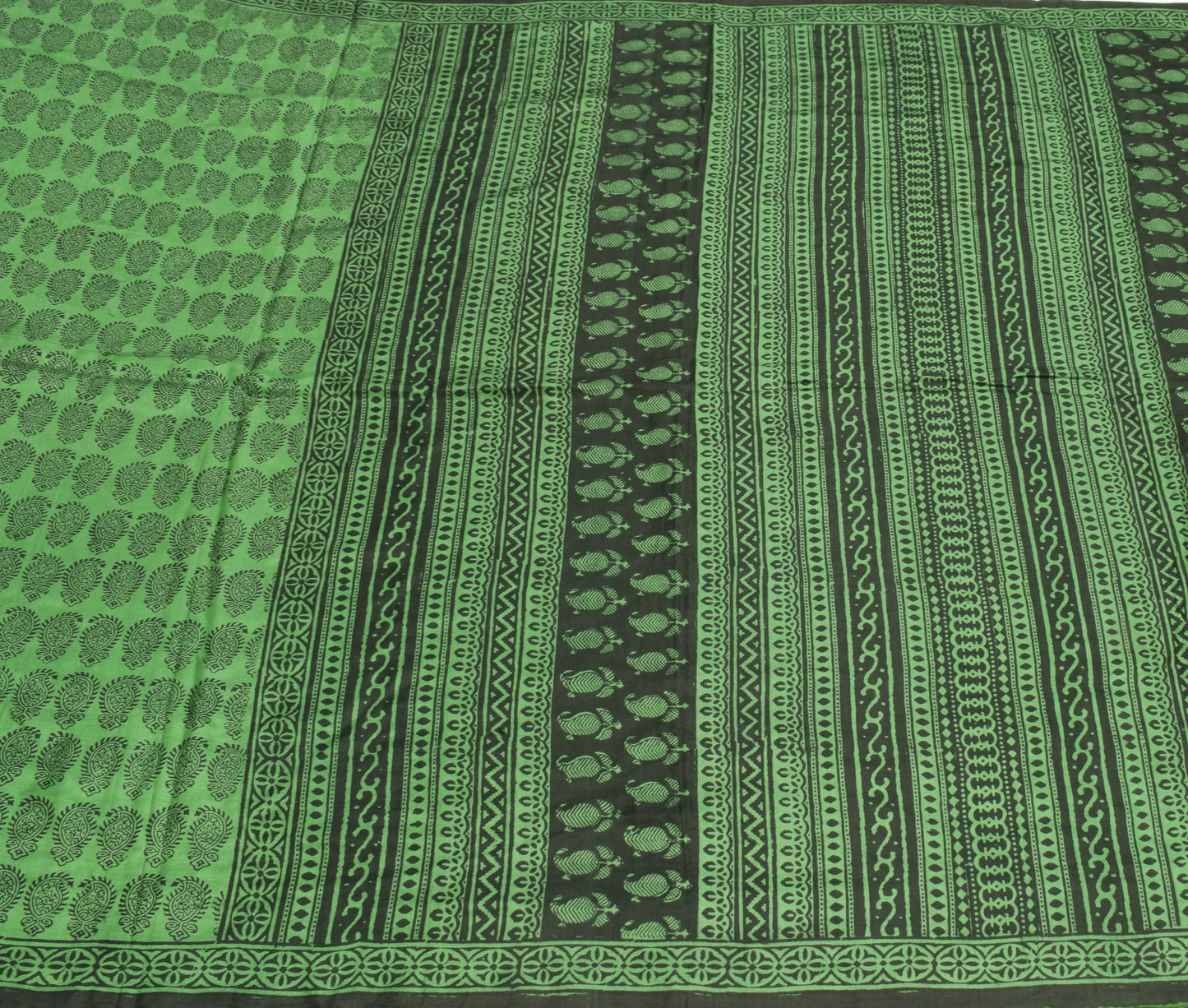 Sushila Vintage Hand Block Print Saree Pure Silk Green Paisley Soft Craft Fabric