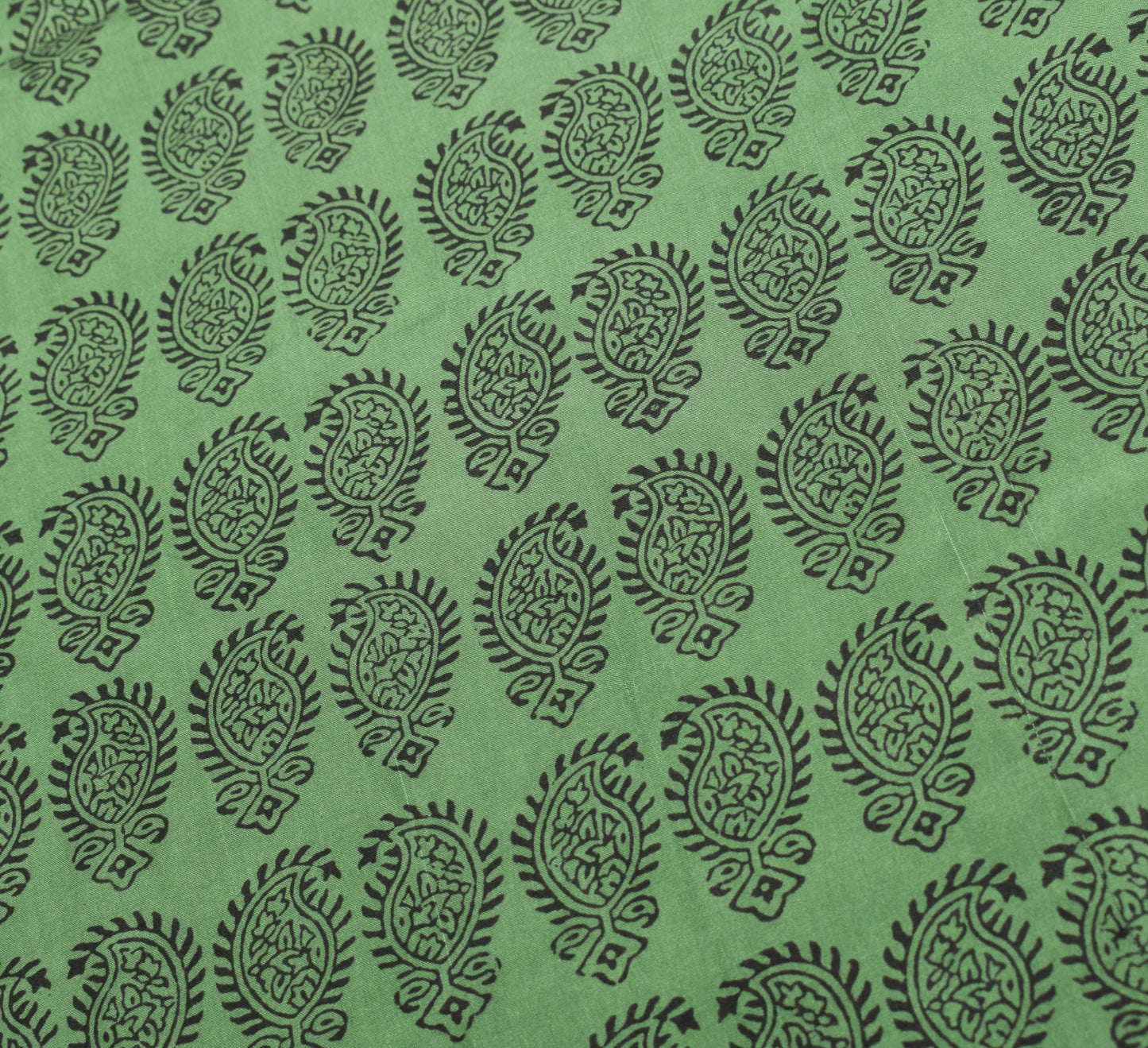 Sushila Vintage Hand Block Print Saree Pure Silk Green Paisley Soft Craft Fabric