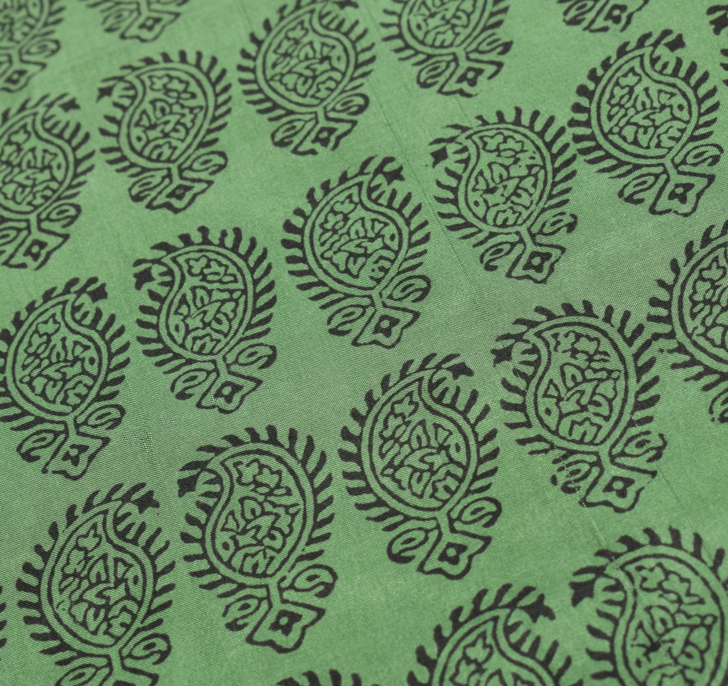 Sushila Vintage Hand Block Print Saree Pure Silk Green Paisley Soft Craft Fabric