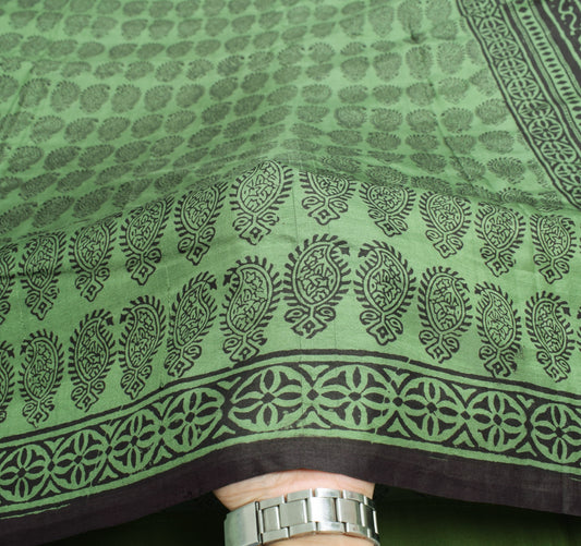Sushila Vintage Hand Block Print Saree Pure Silk Green Paisley Soft Craft Fabric